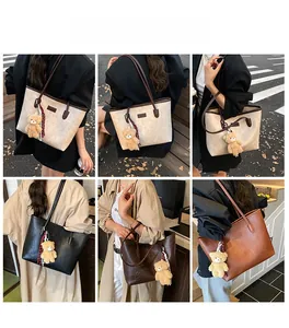 Detailed views of various tote bag colors with plush bear charm and fashion embossing
