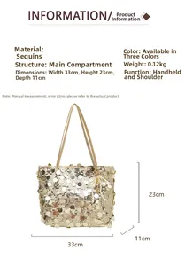 Detailed size chart of champagne gold sequin tote bag showing 33cm width and 23cm height