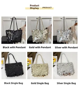 Detail view of sequined bucket bags in black, gold and silver with elegant chain straps