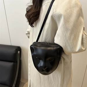 Sac bandoulière unique tête de léopard 3D en similicuir noir pour femme avec double fermeture