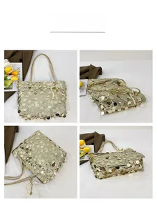 Detail view of gold sequin bucket bag with pearl bow charm from multiple angles