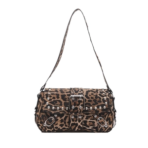 Y2K punk leopard print armpit bag with silver rivets and metal buckle detail