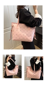 Detailed views of a pink tote bag featuring letter prints and cute rabbit patterns