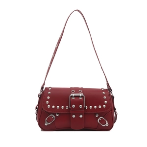 Vintage dark red faux leather shoulder bag with silver punk rivets and Y2K metal buckle