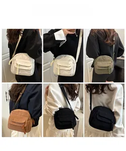Corduroy crossbody bag details showing adjustable straps and four classic color options