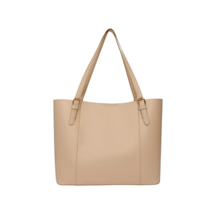 Grand sac cabas en cuir PU beige avec boucles dorées et logo Easy Fashion sur fond blanc pur