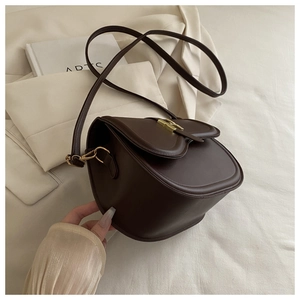 Detail of dark brown saddle bag featuring gold metal buckle and smooth faux leather
