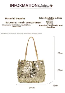 Spécifications de taille pour sac fourre-tout à paillettes dorées avec dimensions détaillées