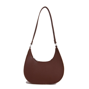 Chic dark brown lychee texture crescent shoulder bag with silver zipper for women