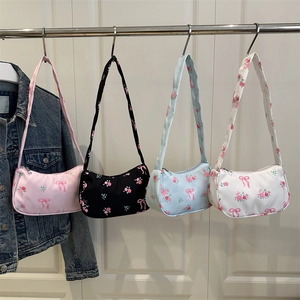 Floral Rose Bow Underarm Bag Women Sweet Y2K Ribbon Zipper Shoulder Hobo Handbag