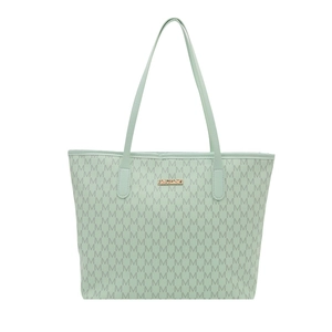 Mint green tote bag with alphabet print and golden logo plate for stylish daily commute