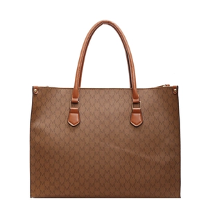 Brown vintage monogram tote bag with large capacity and stylish handles on white background