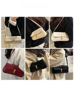 Collage of crocodile pattern underarm bags in cream, burgundy and black worn by a model