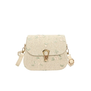 Floral embroidered straw crossbody bag with golden metal buckle and faux leather strap
