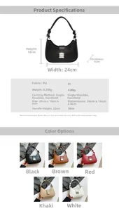 Detailed size chart and specifications for the French minimalist PU leather handbag in five colors