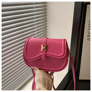 Close-up of rose pink saddle bag featuring a gold H metal buckle and fine stitching detail