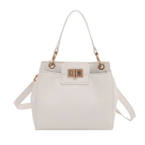 White faux leather bucket bag with gold lock and detachable strap for autumn fashion