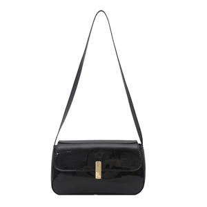 Elegant black patent leather shoulder bag with glossy finish and gold metal buckle