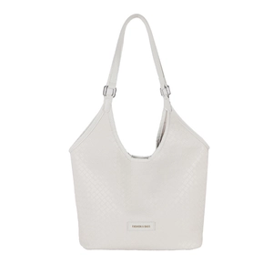 White woven tote bag with silver buckles and a fashion tag for casual commute