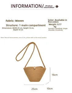 Detailed spec view of khaki woven bucket bag with pearl buckle and dimensions 25x16x10cm
