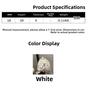 Size chart for mini white backpack with heart and bear prints showing dimensions 18x20x9cm