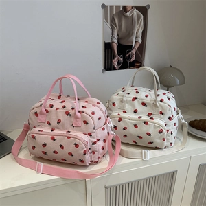 Polyester Corduroy Strawberry Travel Bag Large Capacity Women Shoulder Crossbody Bag Printed Handbag Ladies Girls Travel