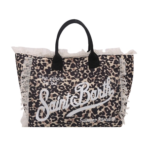 Leopard print tote bag with white fringes and Saint Barth logo for beach vacations