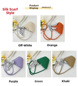 Detailed grid view of knitted cross-body bags in five colors with pearls and polka dot scarf