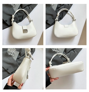 Detailed views of a white crescent shoulder bag with a silver logo lock and knotted strap
