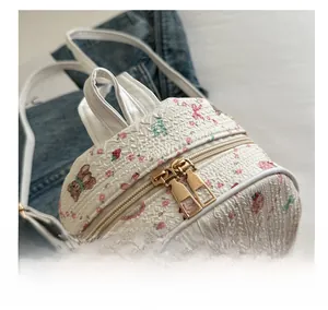 Detail of smooth gold dual zippers on quilted floral bear print women backpack