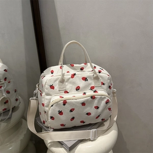 Sac à déjeuner en velours côtelé à motif fraise avec bandoulière amovible et grande capacité