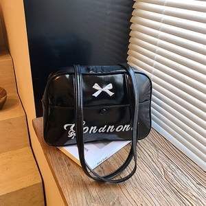 Vintage black glossy shoulder bag with white 3D bow and elegant letter embroidery