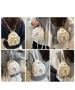 Detailed views of printed mini backpack showing crossbody, shoulder and hand-carry styles