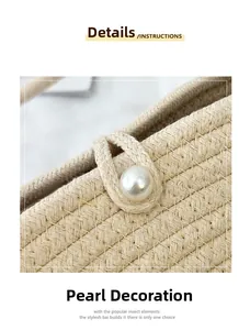 Close-up of a woven bucket bag featuring a white pearl ornament and detailed knit texture