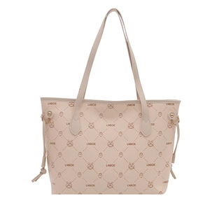 Contrast color large tote bag in beige PU leather with cute animal icons and double straps