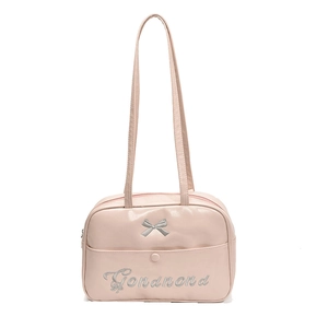 Pink PU leather JK style shoulder bag with silver bow and letter embroidery details