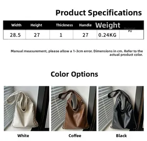 Detailed size chart and specifications for the rivet tote bag with three color options