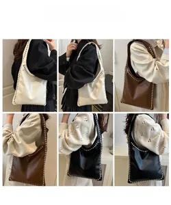 Detailed views of high-capacity tote bag with silver rivets on model in various colors