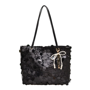 Sparkly black sequin tote bag for women with elegant white pearl bow pendant charm