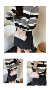 Detailed views of champagne pink jacquard kiss-lock bag with pearl handle and chain strap