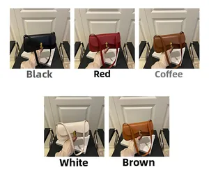 Collage of chic solid color leather shoulder bags with gold round metal buckles
