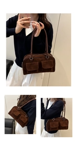 Sac à main rétro en daim marron foncé avec poches avant présenté sous différents angles
