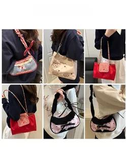 Collage of diverse denim and checkered shoulder bags styled with casual outfits