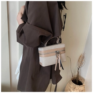 Detail of vintage box crossbody bag featuring contrast stitching and dual zippers on canvas