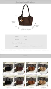 Tabla de medidas detallada de bolso tote de ante con variantes de color disponibles