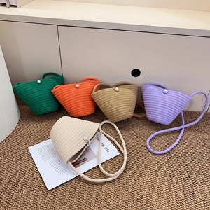 Women Hand Knitted Woven Bucket Bag Artificial Pearl Buckle Shoulder Crossbody Pouch Fresh French Style Everyday Vacation Accessories