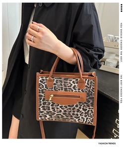 Dettaglio della borsa leopardata con manici in pelle e tasca frontale con cerniera lampo