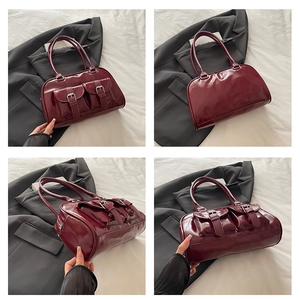 Detailed views of a dark red bowling bag featuring two buckled front pockets and glossy PU