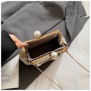 Detail der bestickten Blumentasche mit Perlenverschluss, Griff und goldener Kette