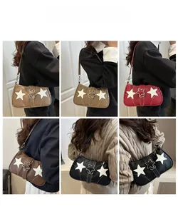 Collage of chic star denim shoulder bags in black, red, khaki and brown colors